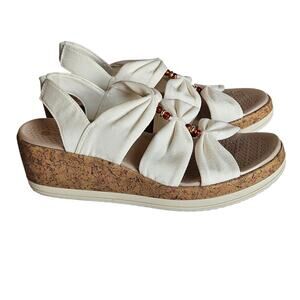 Bzees Roma Cork Wedge Beaded Sandal in White Denim Womens Size 9.5 Summer Casual